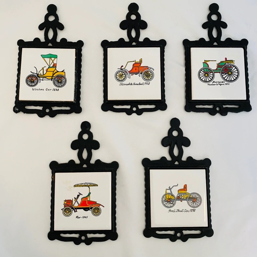 San-Huan Vintage Cast Iron Trivets Featuring Horseless Carriages (Set of 5) 1970